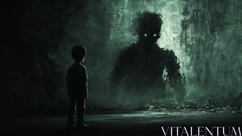 Digital painting of child confronting glowing-eyed shadow figure.