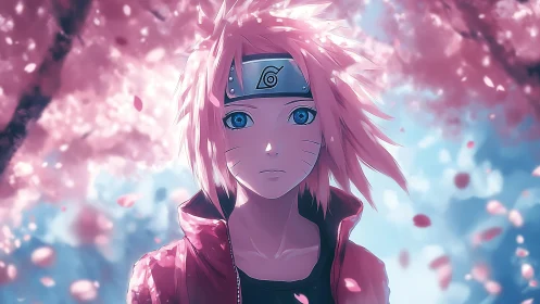 Soft blue gaze meets swirling cherry blossom dreams