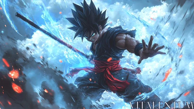 Anime warrior in blue energy storm with glowing staff.