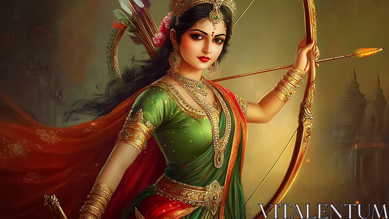 Hindu warrior goddess with bow in ornate traditional attire.