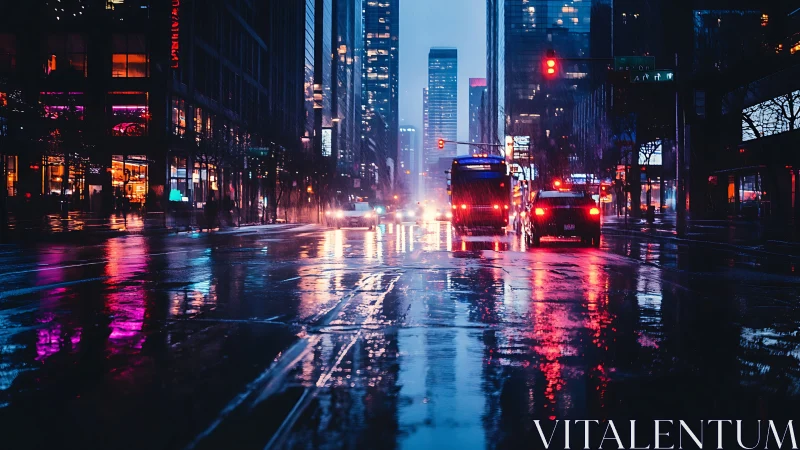 Neon city street glows gently in the quiet after the rain