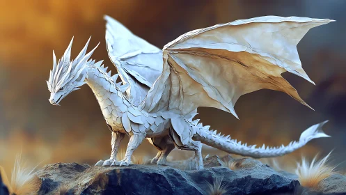 Graceful white dragon poised on rocky ledge at dusk.