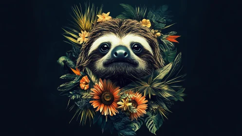 Sloth portrait with hyper-detailed tropical floral wreath compositing.