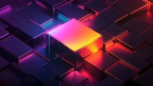 Glowing Neon Cube Among Metallic Blocks in Futuristic 3D Style.
