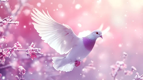 Sugar-blush winter dove riding a cotton candy sunrise.