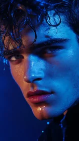 Cinematic blue gel portrait sculpts wet male face in profile