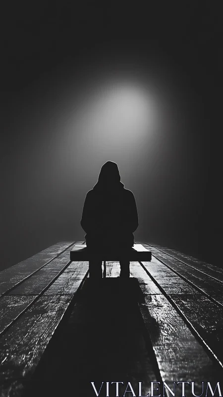 Backlit hooded figure on wet wooden pier in deep foggy night