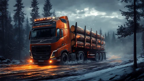Orange logging truck powers through snowy forest road