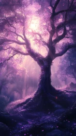 Luminescent violet forest tree in ethereal vertical composition.