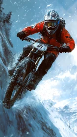 Downhill mountain biker charges through icy alpine slope.