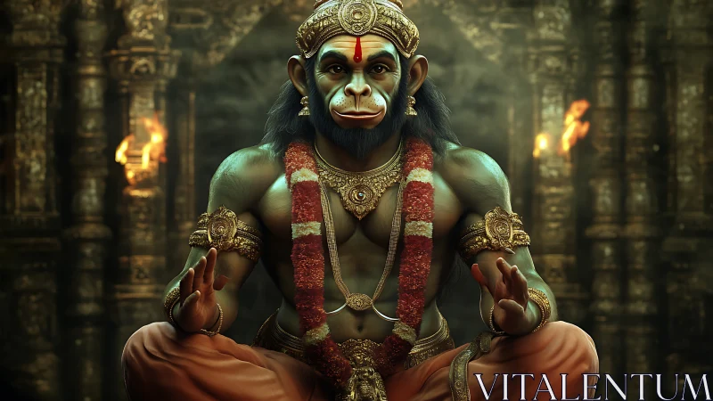 Serene monkey deity sits in golden temple glow and calm