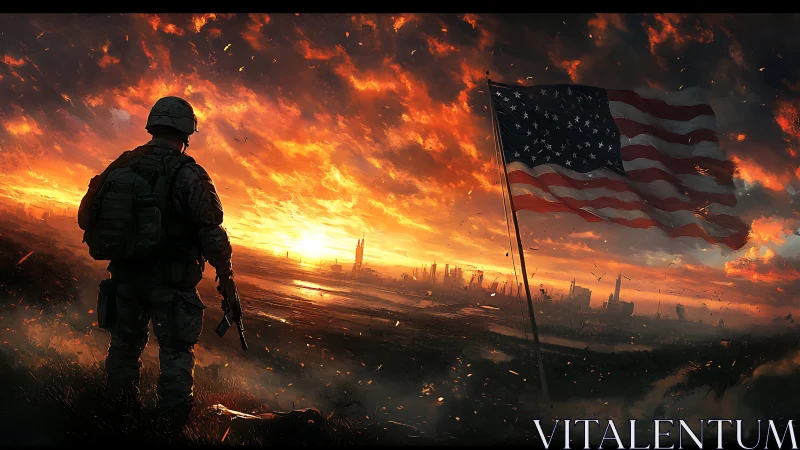 Soldier studies burning skyline beside tattered US flag.