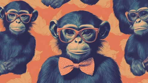 Chimpanzees in orange glasses and bow tie pattern art.