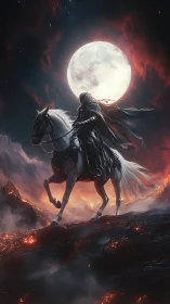 Lone moonlit rider crossing a fiery volcanic nightscape.