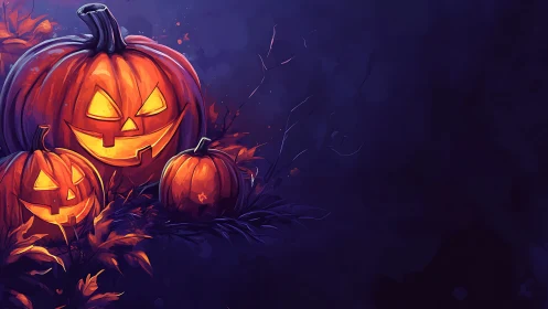 Three carved pumpkins emit internal light against dark background
