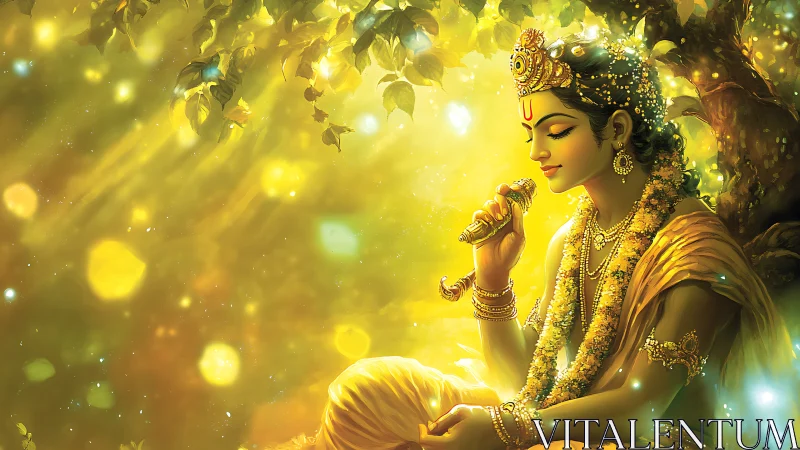 Golden forest serenity with a flute-playing divine figure.