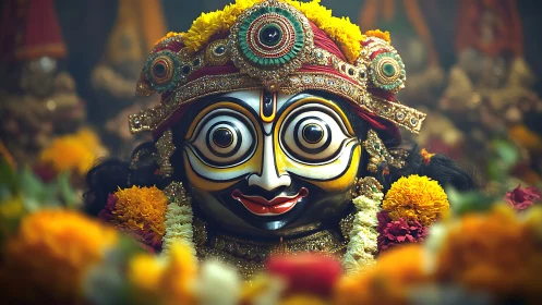 Close-up devotional idol with ornate jeweled crown and marigolds