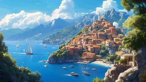 Mediterranean Coastal Village Digital Painting with Alpine Backdrop.