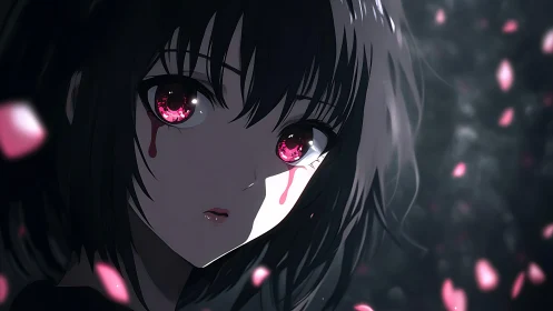 Anime girl with red eyes and bloodlike tears in petals.