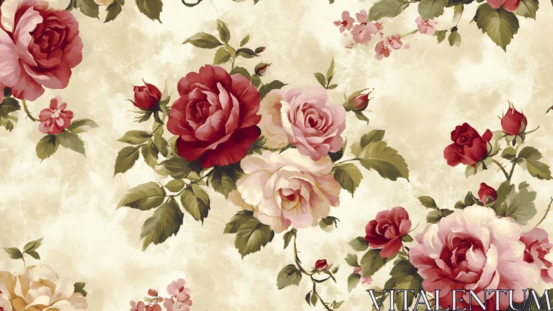 Vintage rose bouquet pattern on distressed cream background.