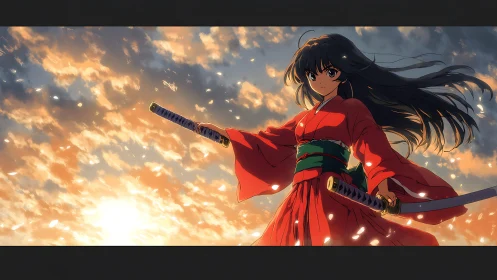 Samurai girl stands defiant beneath a blazing sunset sky.