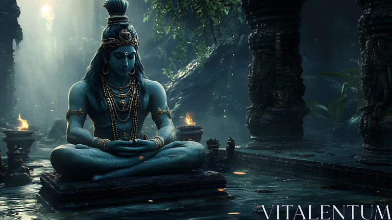 Serene blue deity meditates in misty jungle temple at dusk.