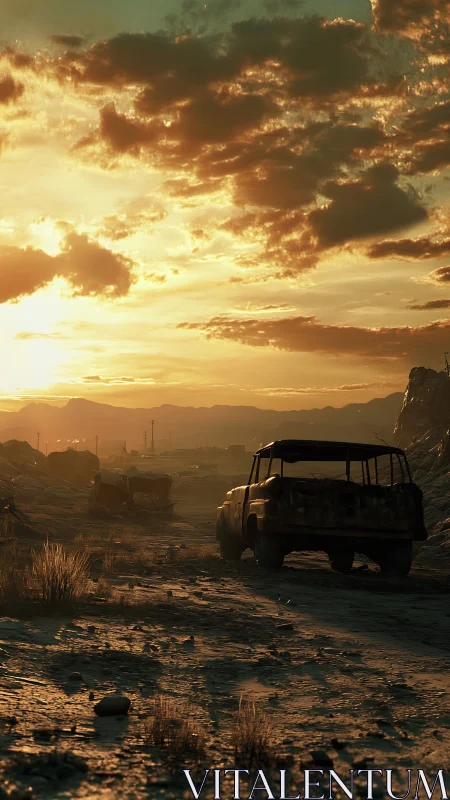 Rusty truck on desert road under dramatic sunset sky.