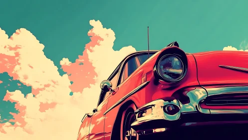 Retro red classic car glows beneath a bold summer sky