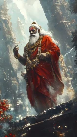 Colossal sage in red robes towers over ruined temples.