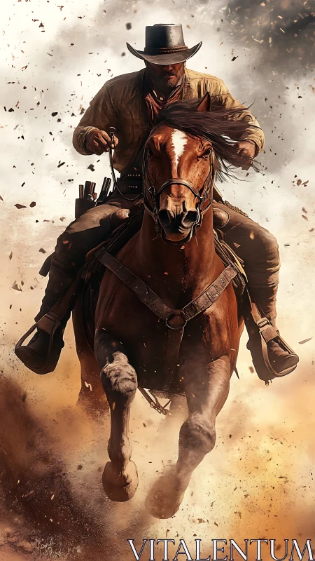 Mounted rider advances through airborne dust and debris