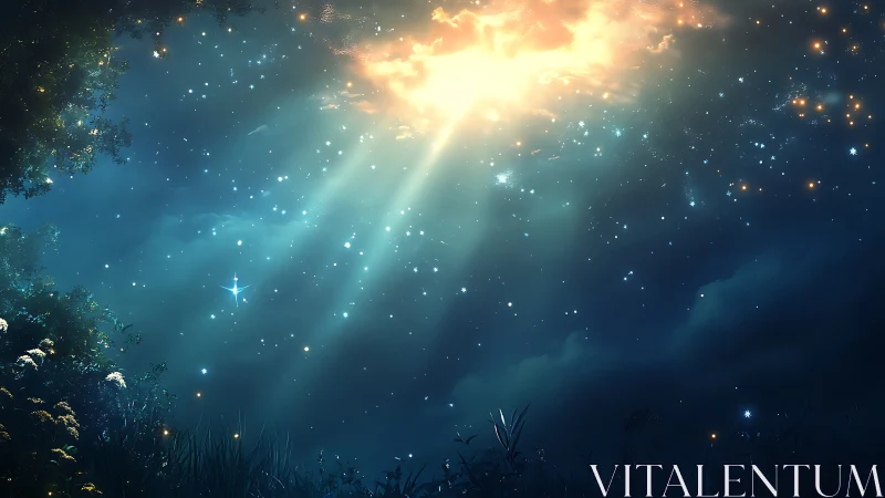 Starlit forest clearing opens toward radiant celestial sky