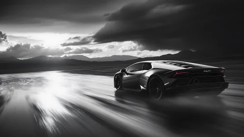 Stormlit supercar sprinting across a mirror-slick highway.