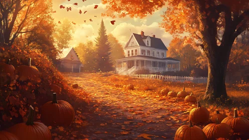 Pumpkin lane leading toward a sunlit autumn farmhouse dream.