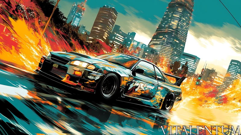 Street drift car powers through neon city at high speed