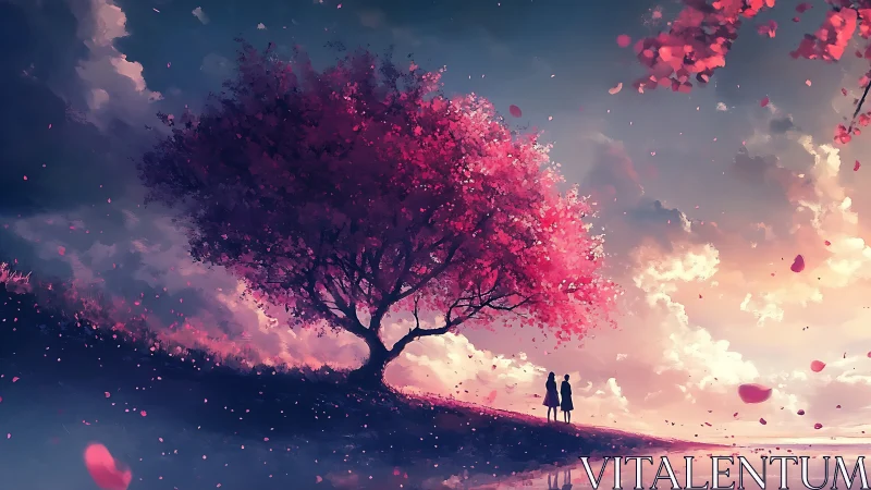 Blossoming tree shelters two friends beneath a glowing sky