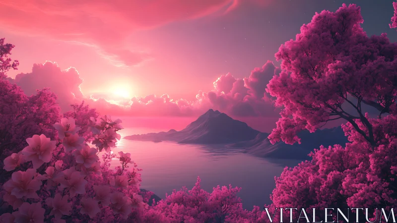 Cotton-candy trees cradle a neon sunset over glassy waters