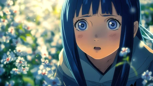 Blue haired anime girl in luminous spring flower bokeh field.