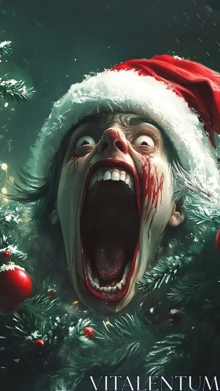 Terrified screaming head in bloody Christmas garland wreath.