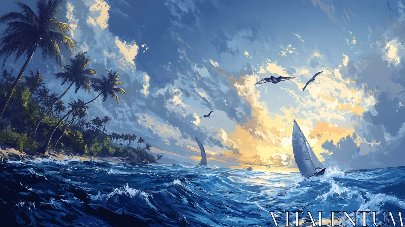 Dynamic tropical seascape with backlit waves and offshore sailboats