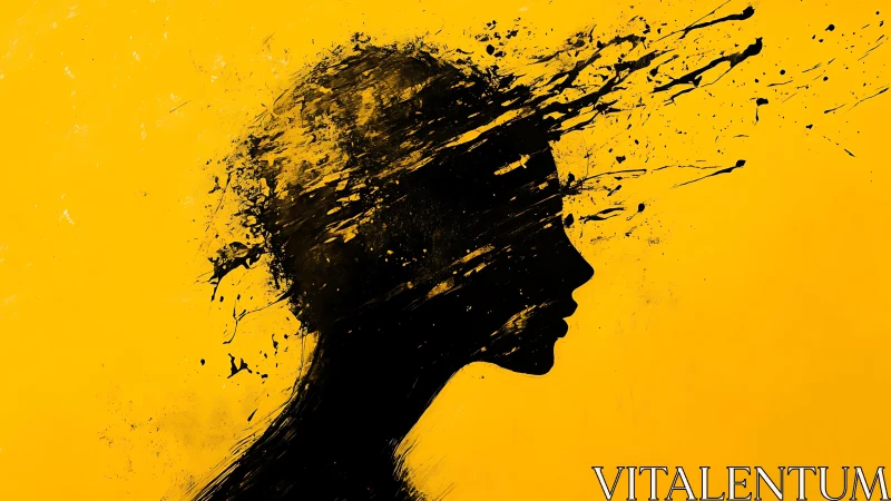 Silhouette of restless thoughts against bold yellow sky.