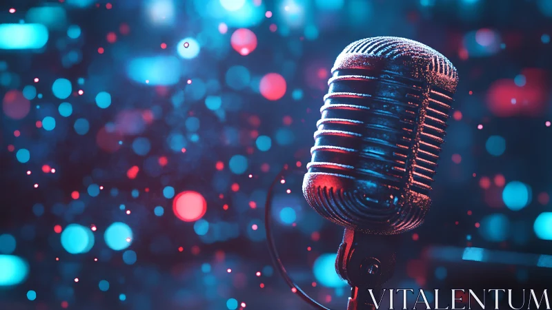 Retro chrome microphone amid neon bokeh concert lights.