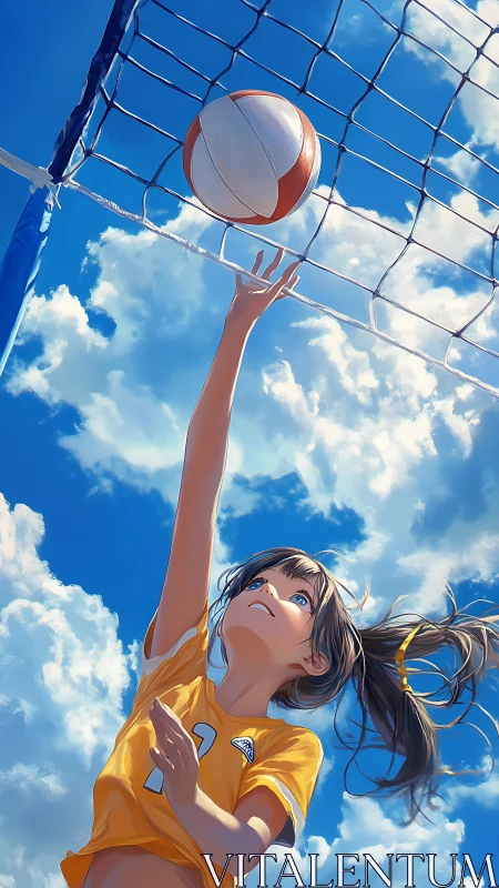Girl in yellow jersey reaching toward volleyball netted ball.