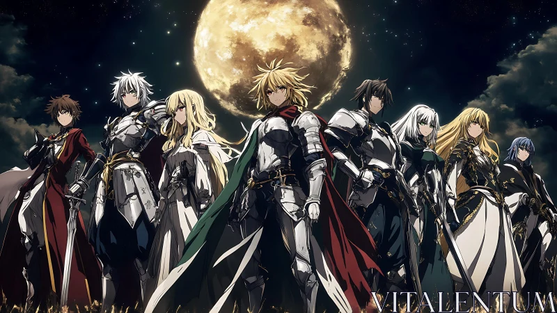 Moonlit vanguard of anime knights poised for celestial war.