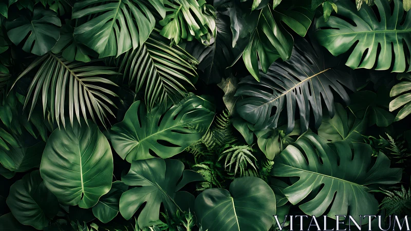 Dense tropical foliage fills the frame in layered arrangement