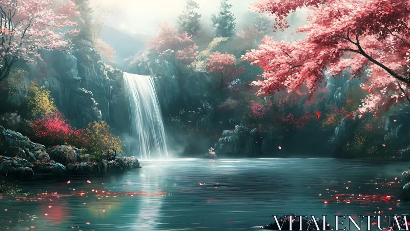 High dynamic range waterfall scene with misted lake and chromatic foliage