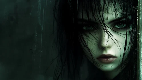 Haunting emerald gaze of a mysterious rain-soaked girl.