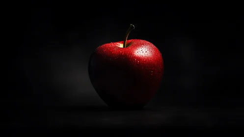 Single red apple isolated in low key lighting with surface droplets