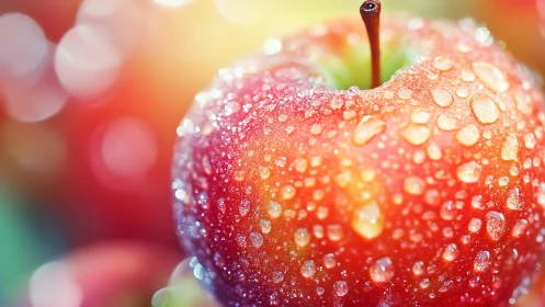 Vivid macro close-up captures dewy red apple in soft bokeh.