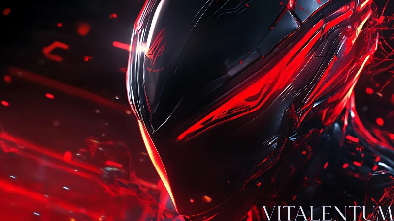 Cybernetic combat visor with red luminescent HUD surfaces