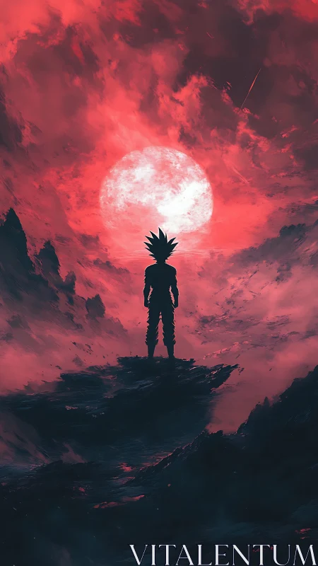 Digital painting silhouette before crimson apocalyptic moonscape.